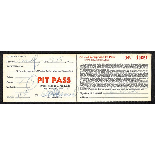 c1956 USAC Pit Pass & Receipt Signed John H. Blough (Owner) VGC Scarce