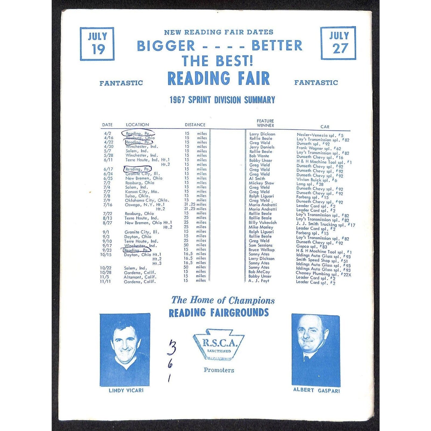 Reading Fairgrounds 1968 USAC Auto Races Program Sprint Car Opener 12pp*