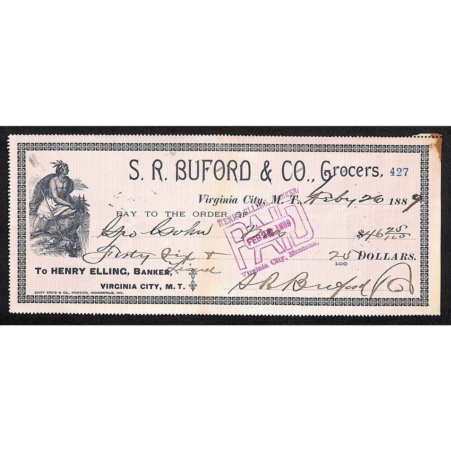 1889 Henry Elling Virginia City Montana Territory S.R. Buford Grocers Check #427