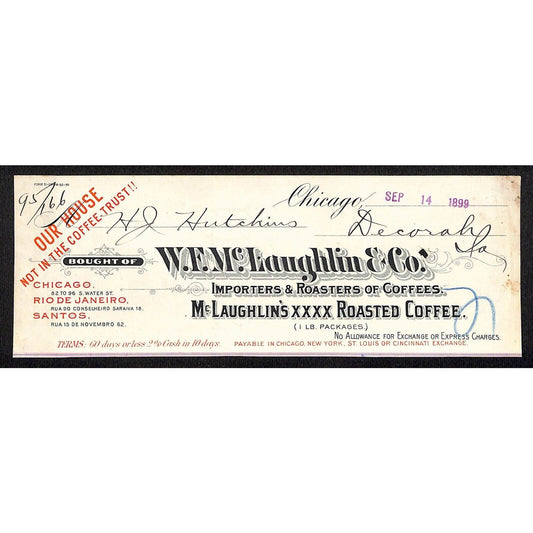 W.F. Mc. Laughlin & Co. Coffee Roasters Hutchinson Decorah IA* Cut 1899 Billhead