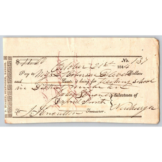 1844 Jabez Knowlton* Newburgh ME Town Check to Miss. __? Robinson for Teaching