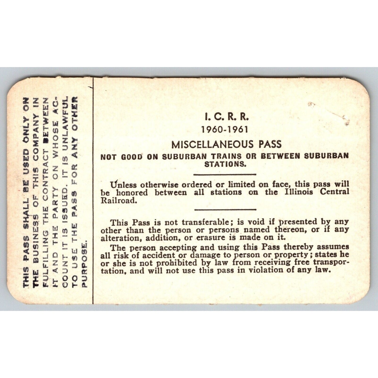 Illinois Central Railroad 1960-61 Yearly Train Pass #16393