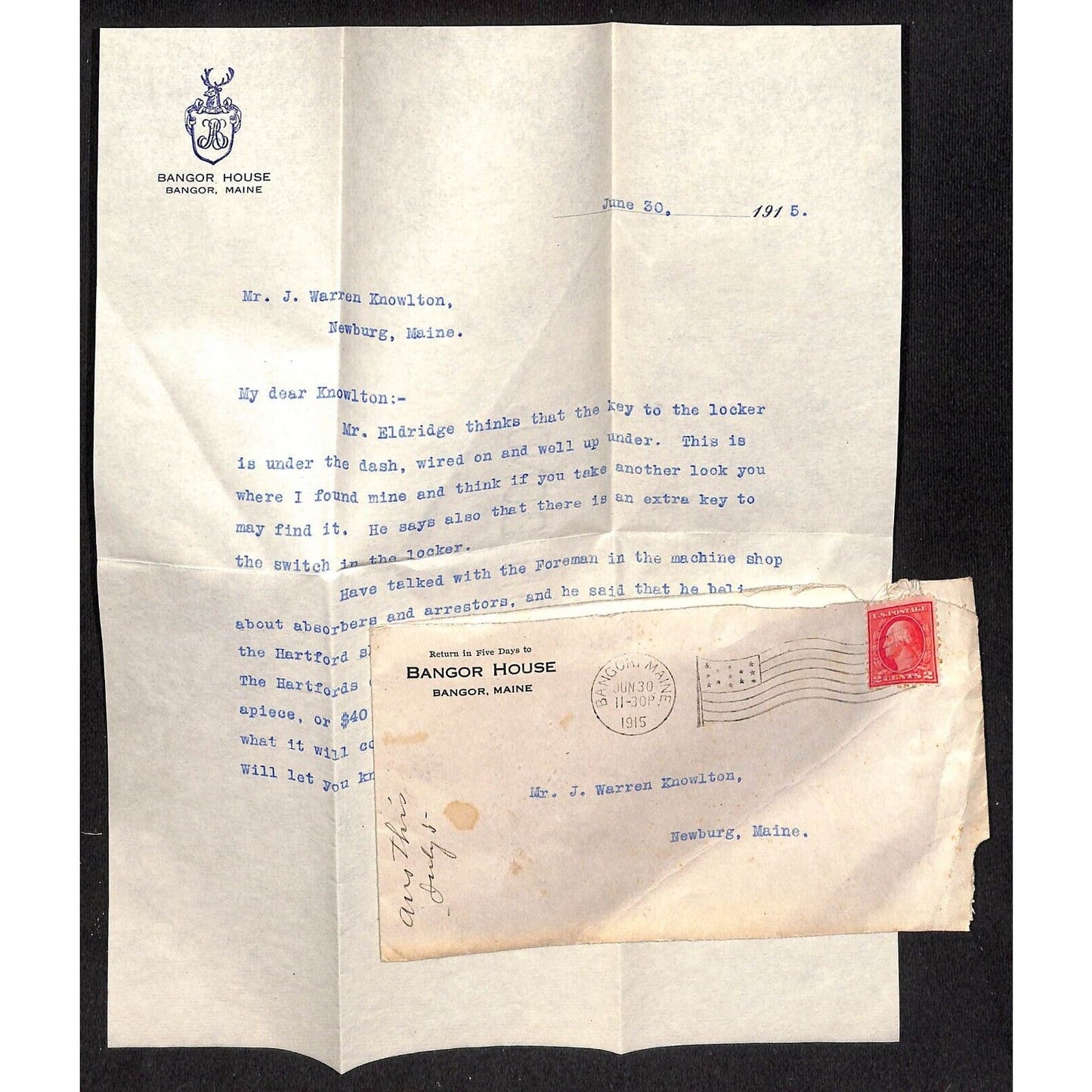 Bangor, ME Bangor House Stationary Letter re: Locker Key 1915 Knowlton*