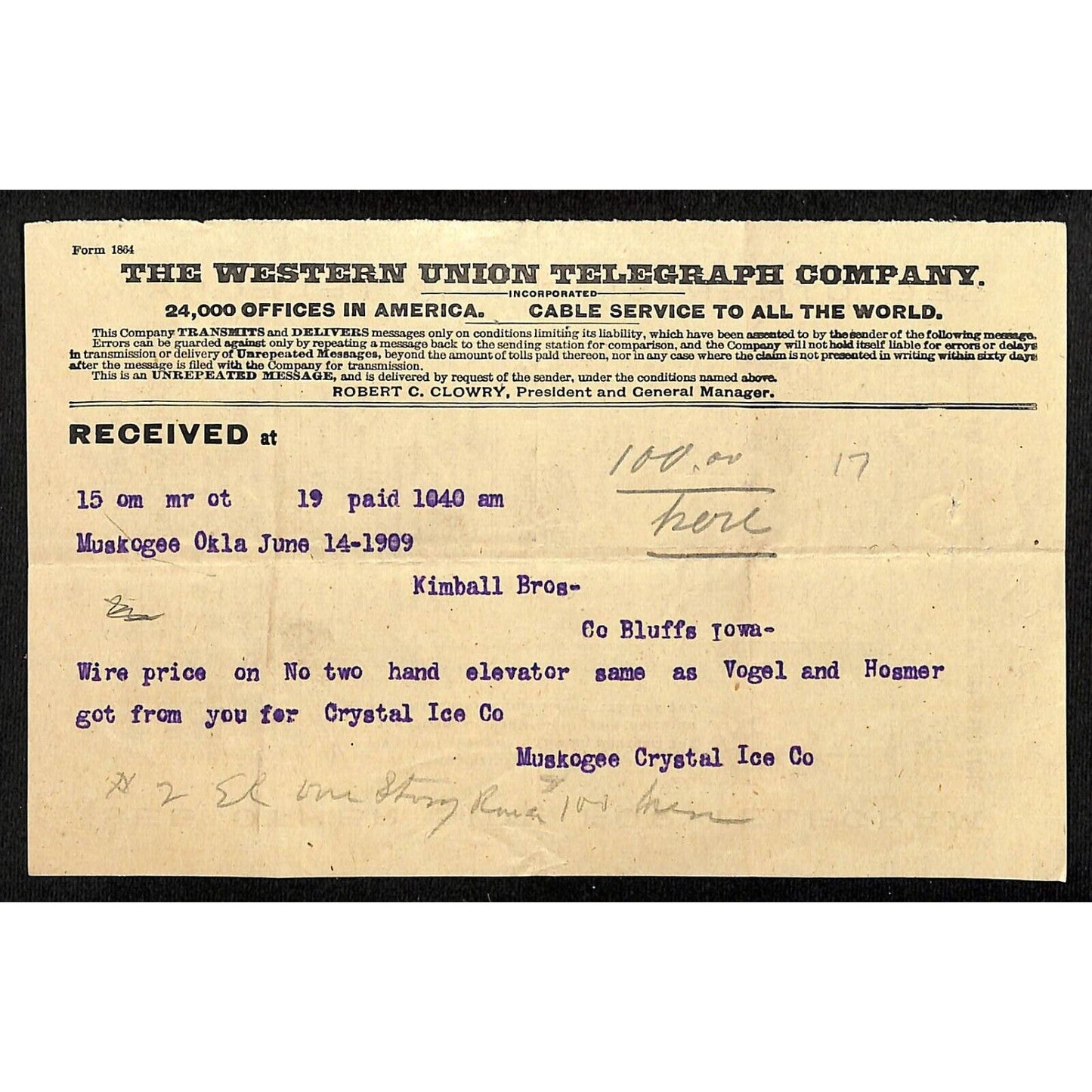 1909 Western Union Telegraph Kimball Bros Elevators Muskogee Crystal Ice Receipt