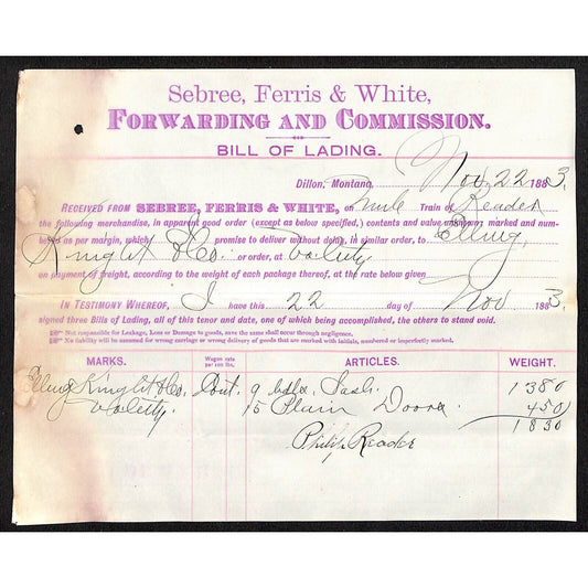 1883 Bill of Lading Sebree, Ferris & White Henry Elling* Sash & Plain Doors