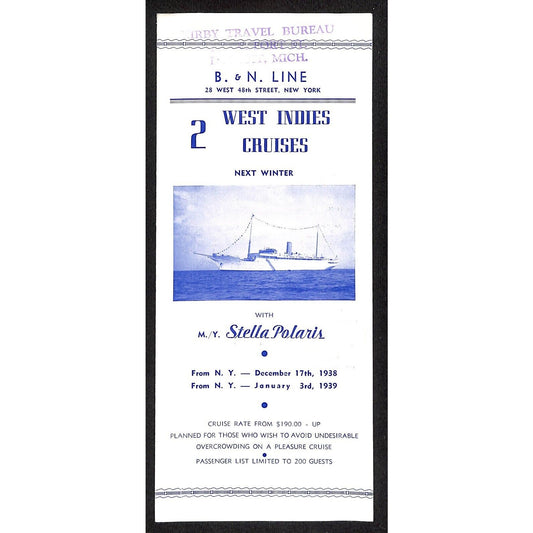 B&N Line NYC Stella Polaris West Indies 1938 Single Sheet Brochure Scarce