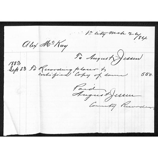 1884 Virginia City, MT County Recorder? Receipt August Jessin ? to Alex McKay