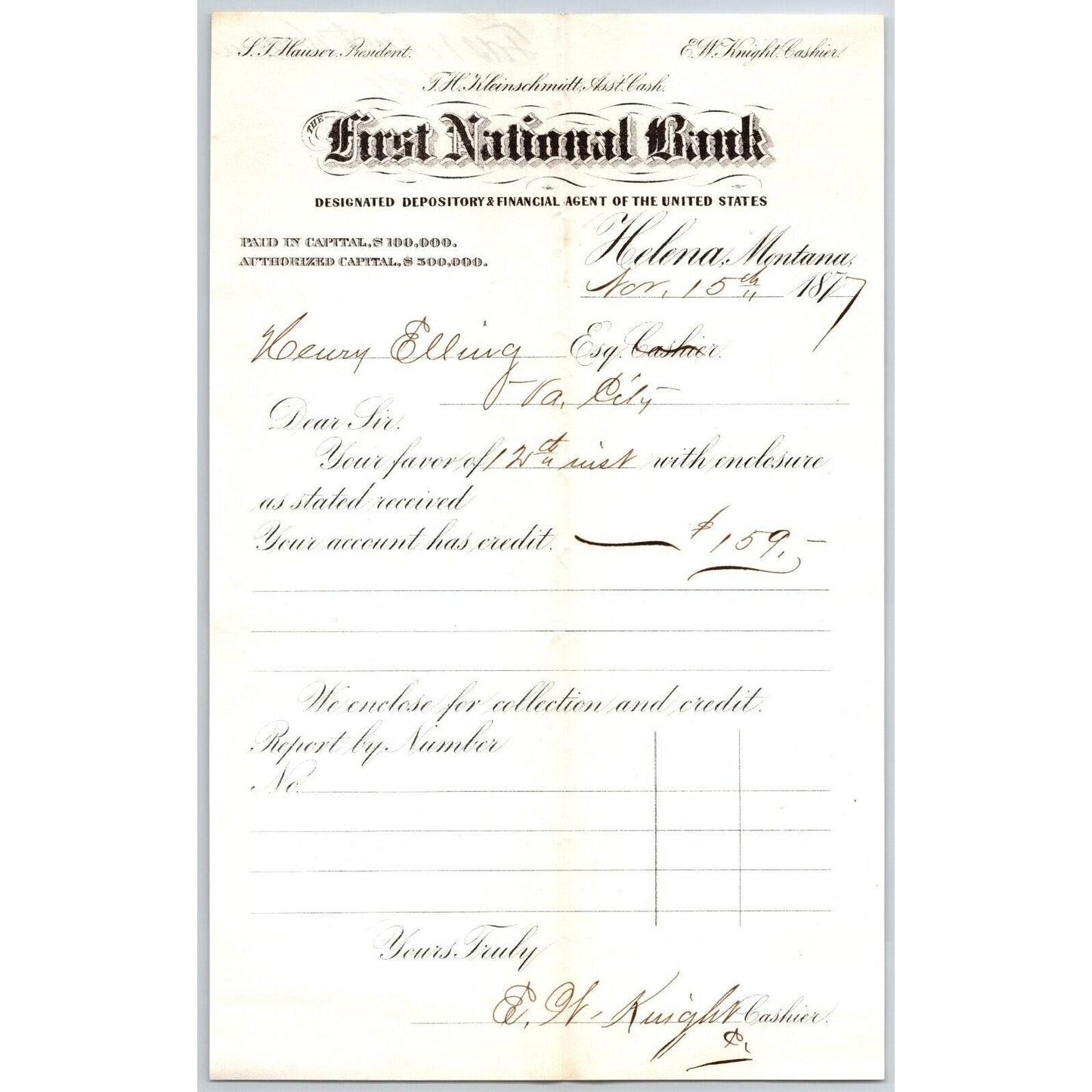 First National Bank Helena, MT 11/15 1877 Payment Advice Henry Elling*