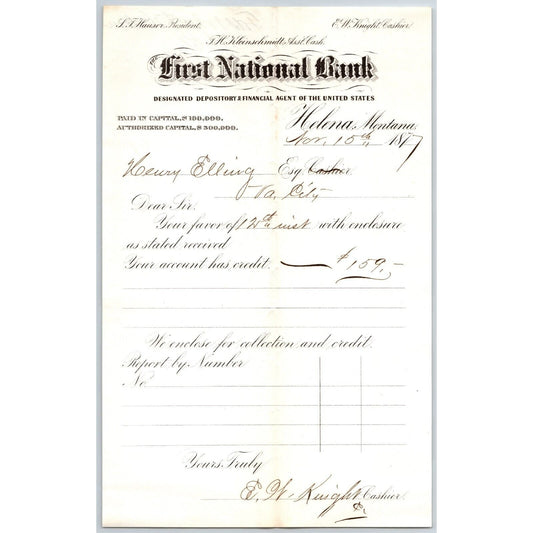 First National Bank Helena, MT 11/15 1877 Payment Advice Henry Elling*