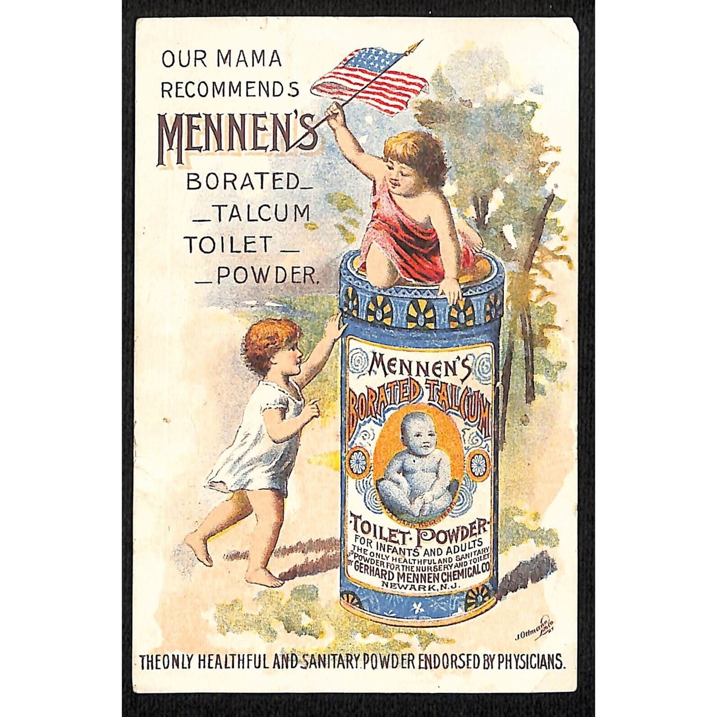 Mennen's Talcum Toilet Powder Patriotic Victorian Trade Card Kids Play Product
