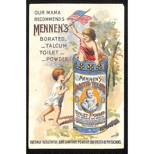 Mennen's Talcum Toilet Powder Patriotic Victorian Trade Card Kids Play Product