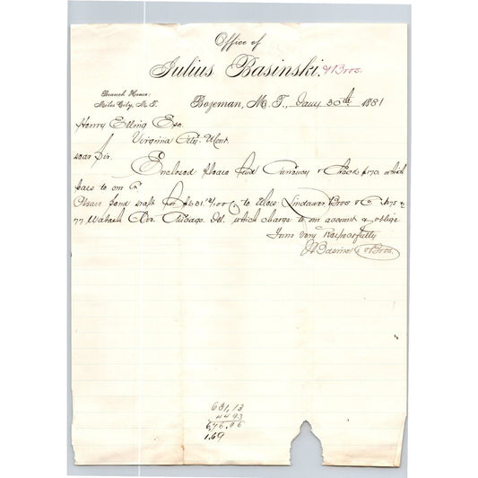 Julius Basinski (Stationers) Bozeman MT 1881 ALS Letterhead Henry Elling*