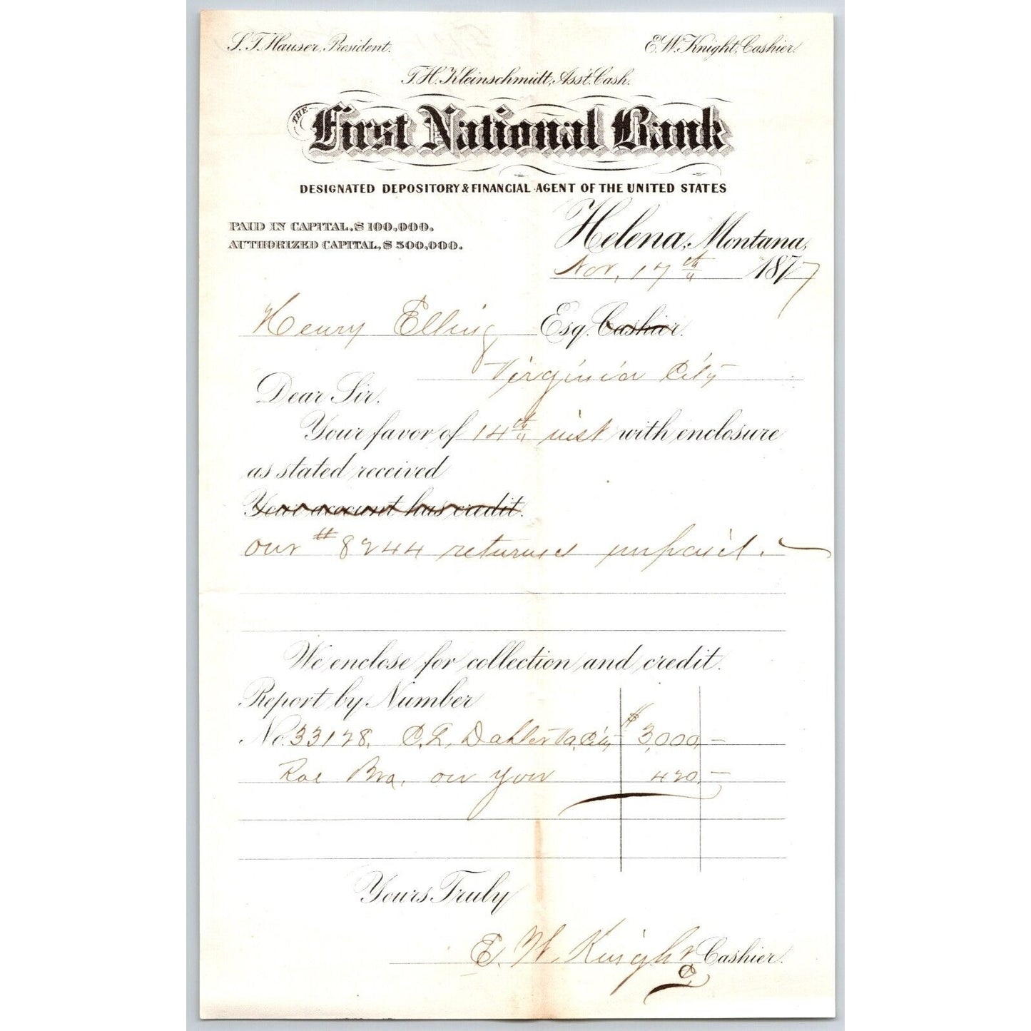 First National Bank Helena, MT 11/17 1877 Payment Advice Henry Elling*