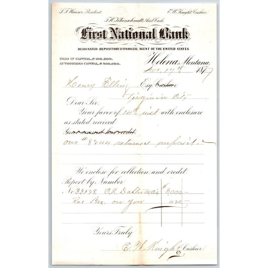 First National Bank Helena, MT 11/17 1877 Payment Advice Henry Elling*