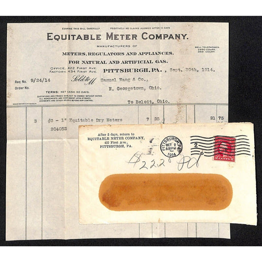 Equitable Meter Co Pitts. Samuel Wang Co* North Georgetown 1914 Billhead & Cover