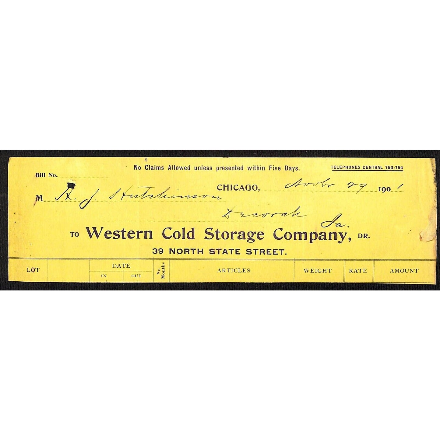 Western Cold Storage Chicago / HJ Hutchinson Decorah, IA* Cut 1901 Billhead