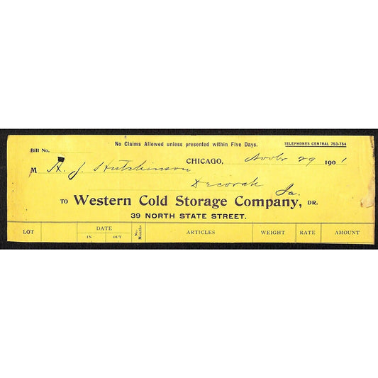 Western Cold Storage Chicago / HJ Hutchinson Decorah, IA* Cut 1901 Billhead