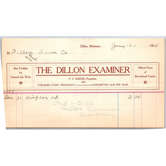 Dillon, MT The Dillon Examiner F.C. Kress Newspaper Jan. 1905 Billhead