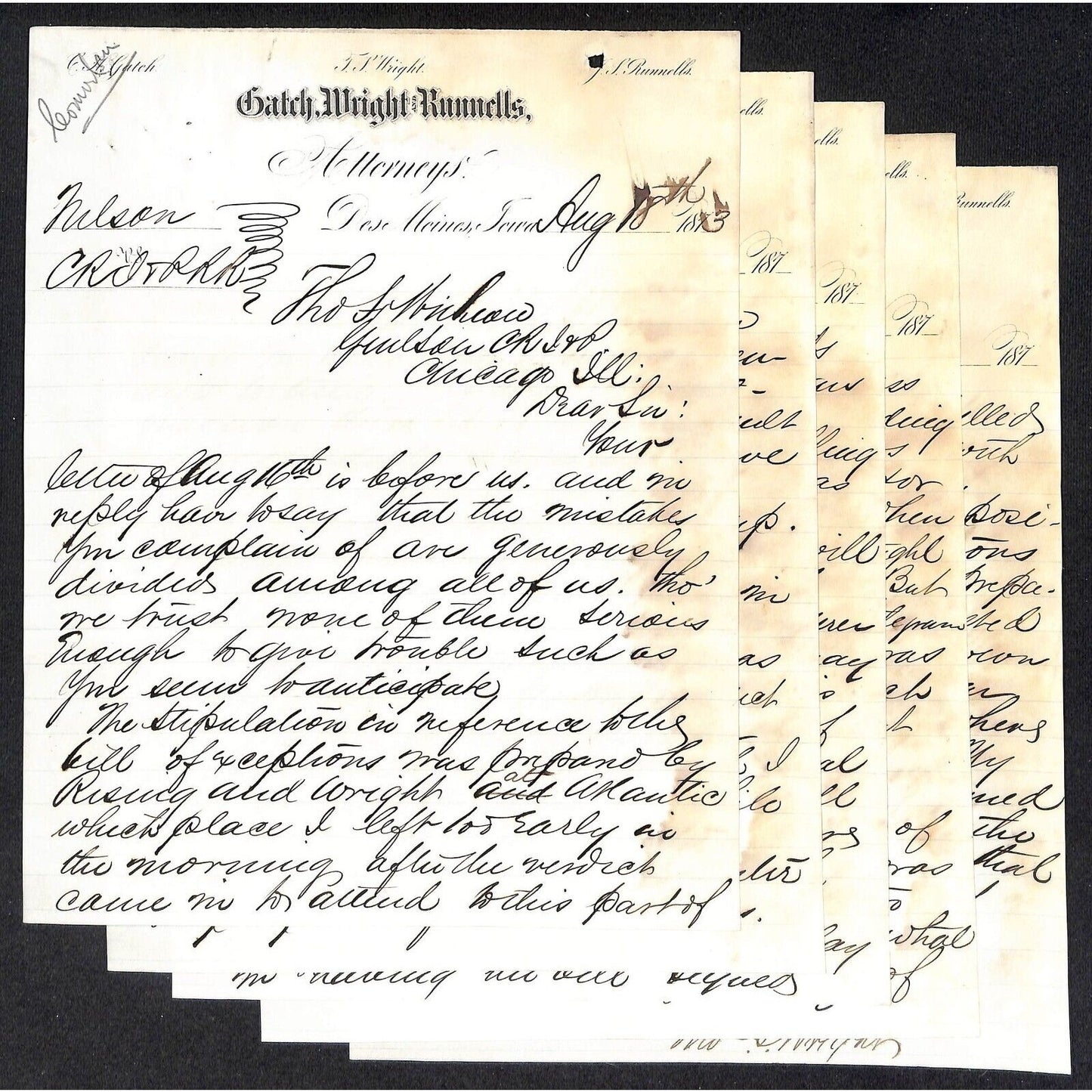 Gatch, Wright and Runnells Des Moines 1873 5pp ALS Letterhead Suit vs. CRI&P RR