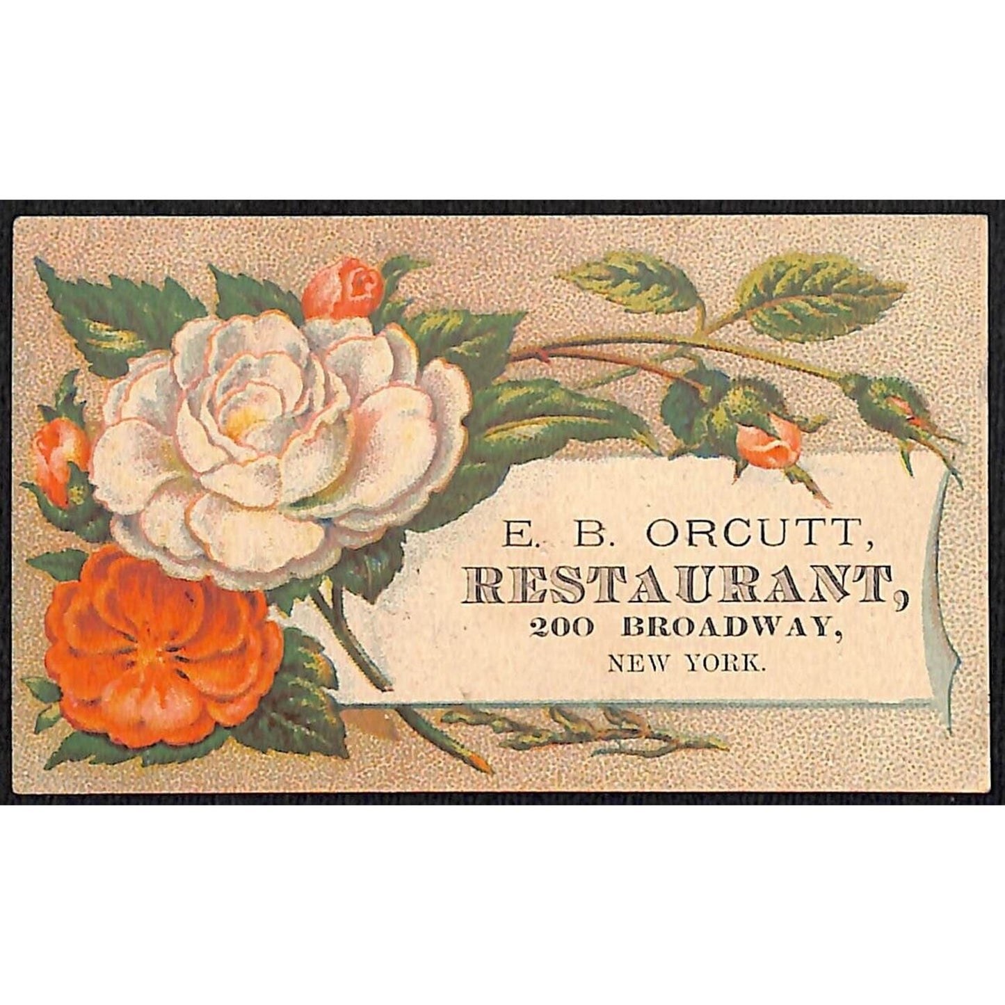 200 Broadway, NYC E.B. Orcutt Restaurant (Lunch Room) Victorian Trade Card VGC