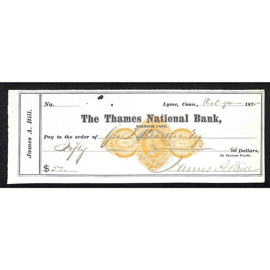 James A. Bill* 1875 Thames National Bank Lyme CT on Rev Stamp Check Stock (#18)