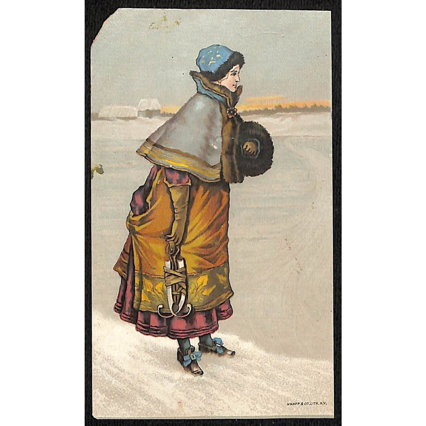 Willimantic Thread Victorian Trade Card Woman Holding Ice Skates Looks Ahead