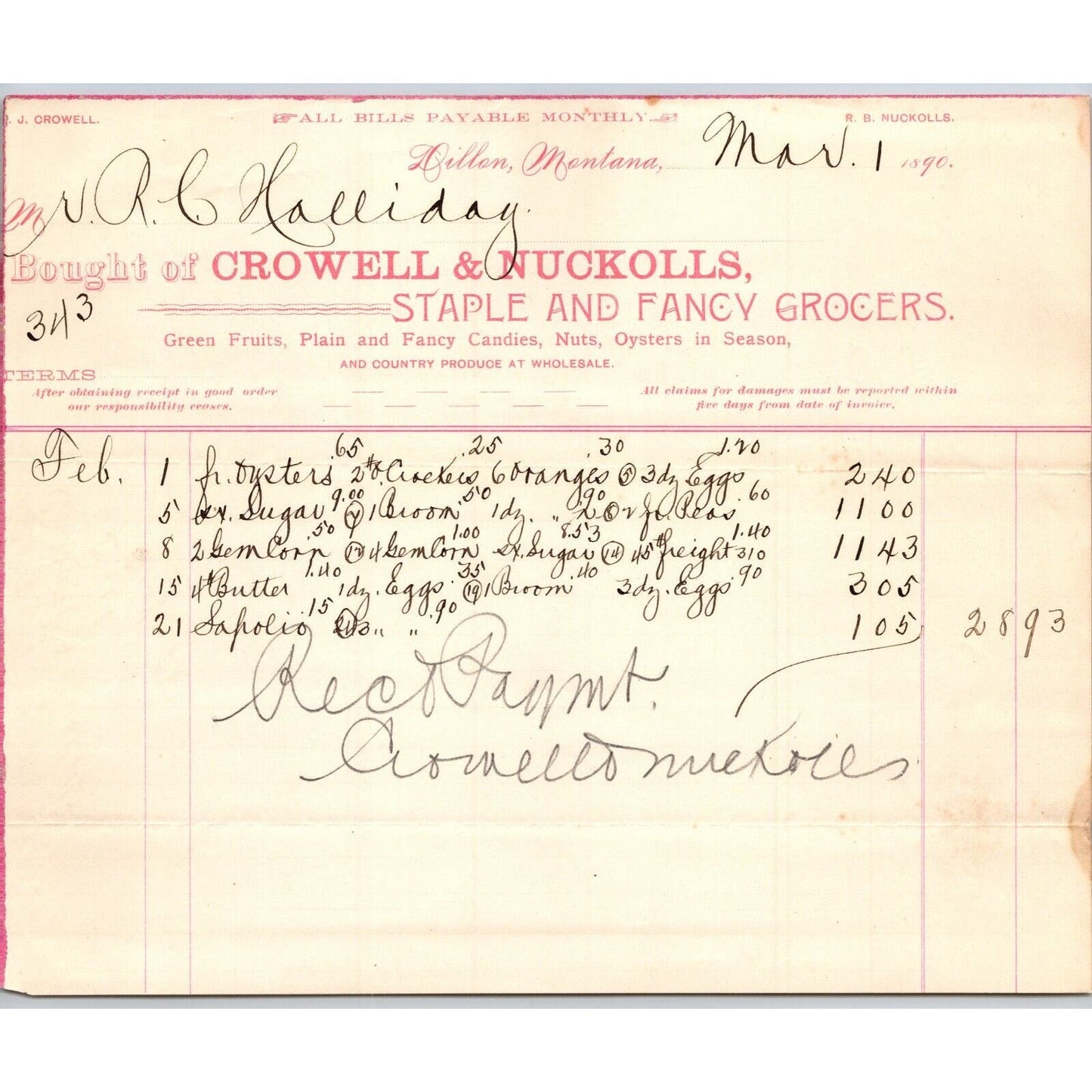 Dillon MT Crowell & Nuckolls Mar. 1890 Billhead Fancy Groceries R.C. Halliday*