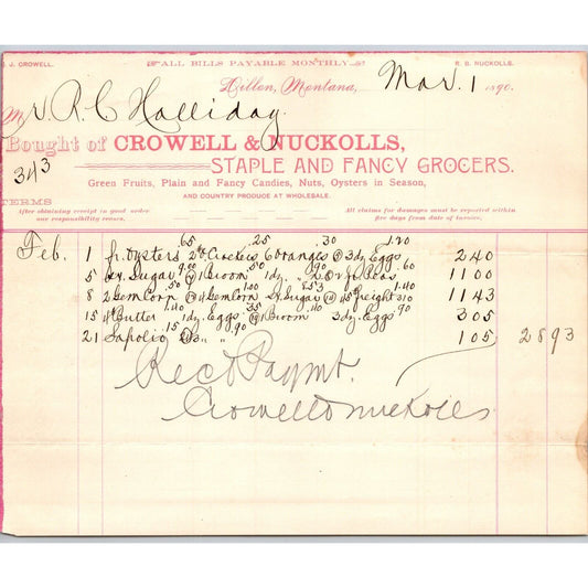Dillon MT Crowell & Nuckolls Mar. 1890 Billhead Fancy Groceries R.C. Halliday*