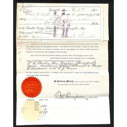 1874 Franklin Co. National Bank Greenfield, MA Promissory Note + Notarized Page