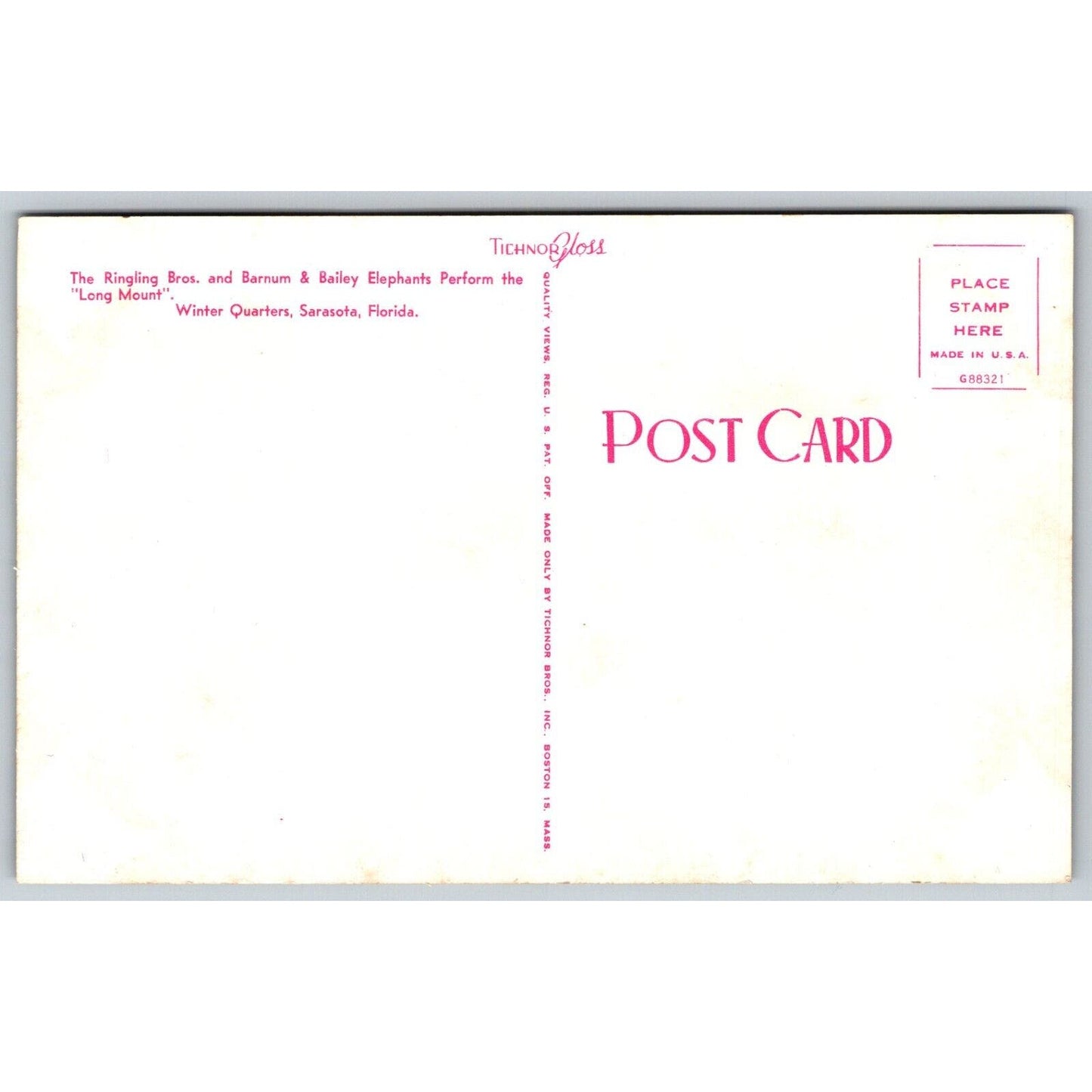 Ringling Bros. Elephants "Long Mount" Sarasota Postcard VGC NP c1960