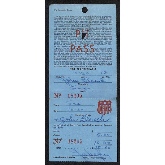 c1958 USAC Pit Pass & Receipt Signed John Blough (Owner / Mechanic) 10/20 Scarce