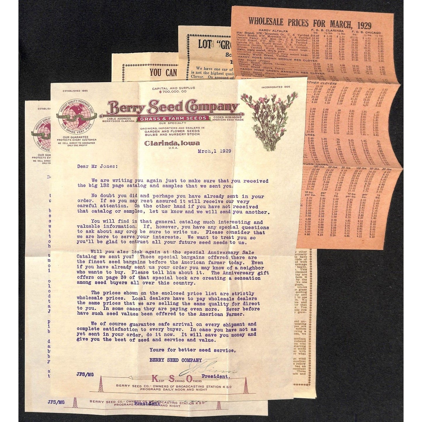 1929 Berry Seed Co. Clarinda, IA Letterheads, Product, Price Sheets & Packets
