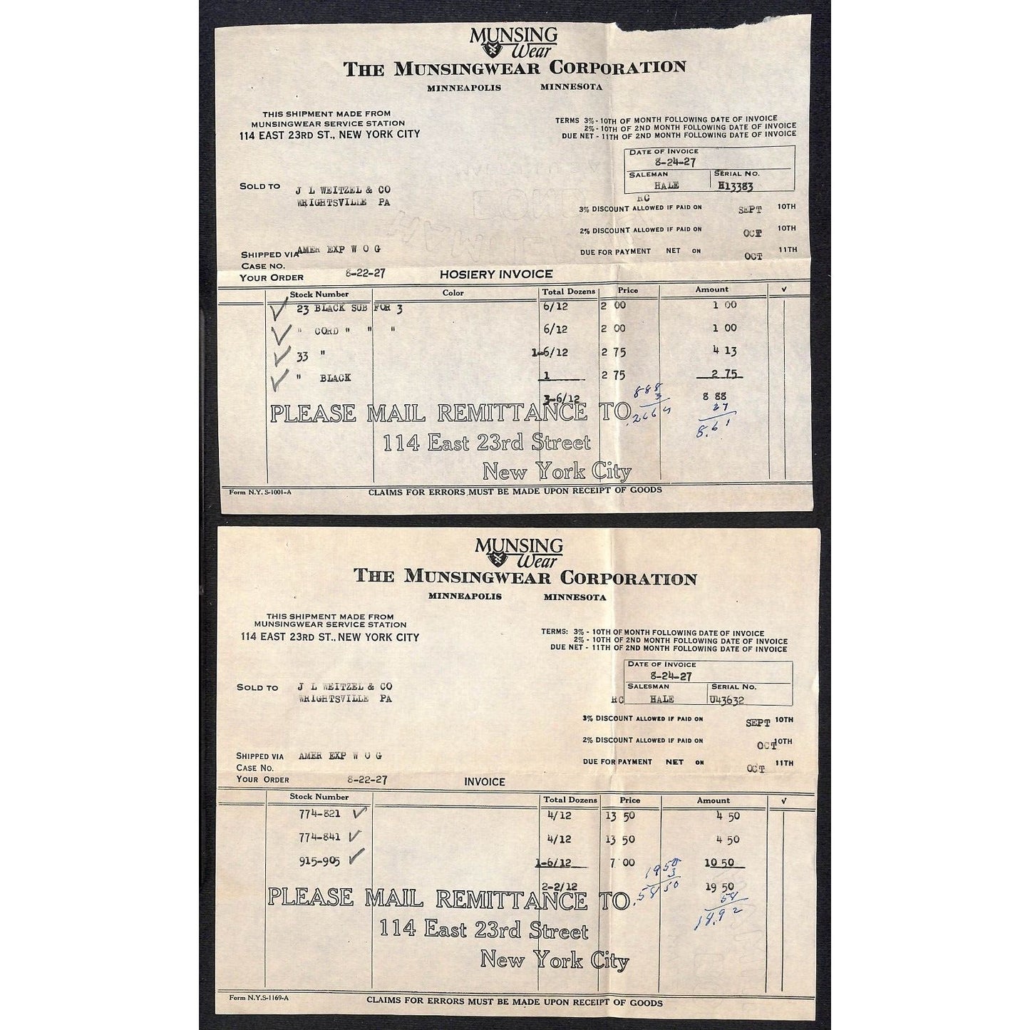 Munsingwear Munsing Wear (Underwear) 23rd St. NYC 1927 2 Billheads + Cover