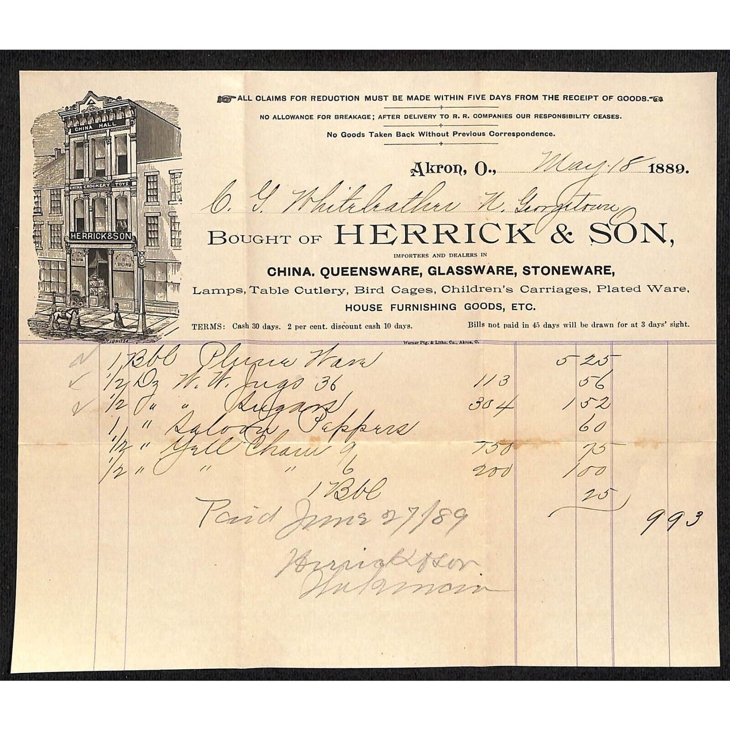 Herrick & Son Akron, OH Whiteleather * N. Georgetown, OH 1889 Billhead & Cover*