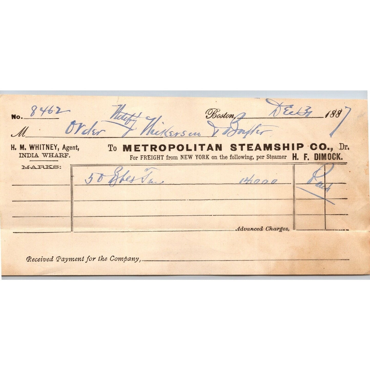 Metropolitan Steamship Co. Boston 1887 Billhead to Nickerson & Baxter VGC
