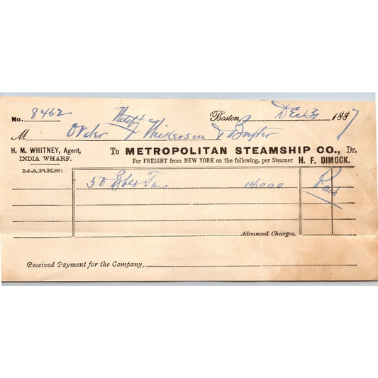 Metropolitan Steamship Co. Boston 1887 Billhead to Nickerson & Baxter VGC