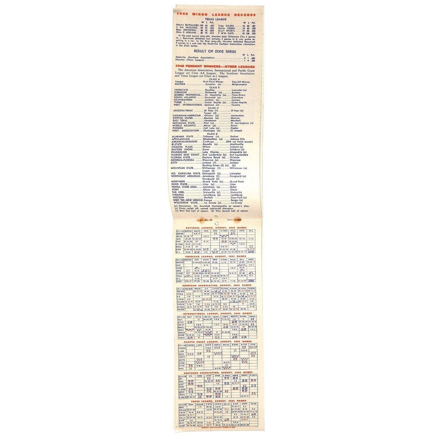 1941 Baseball Calendar Roaring Spring PA 3" x 8" Scarce Complete 20pp VGC