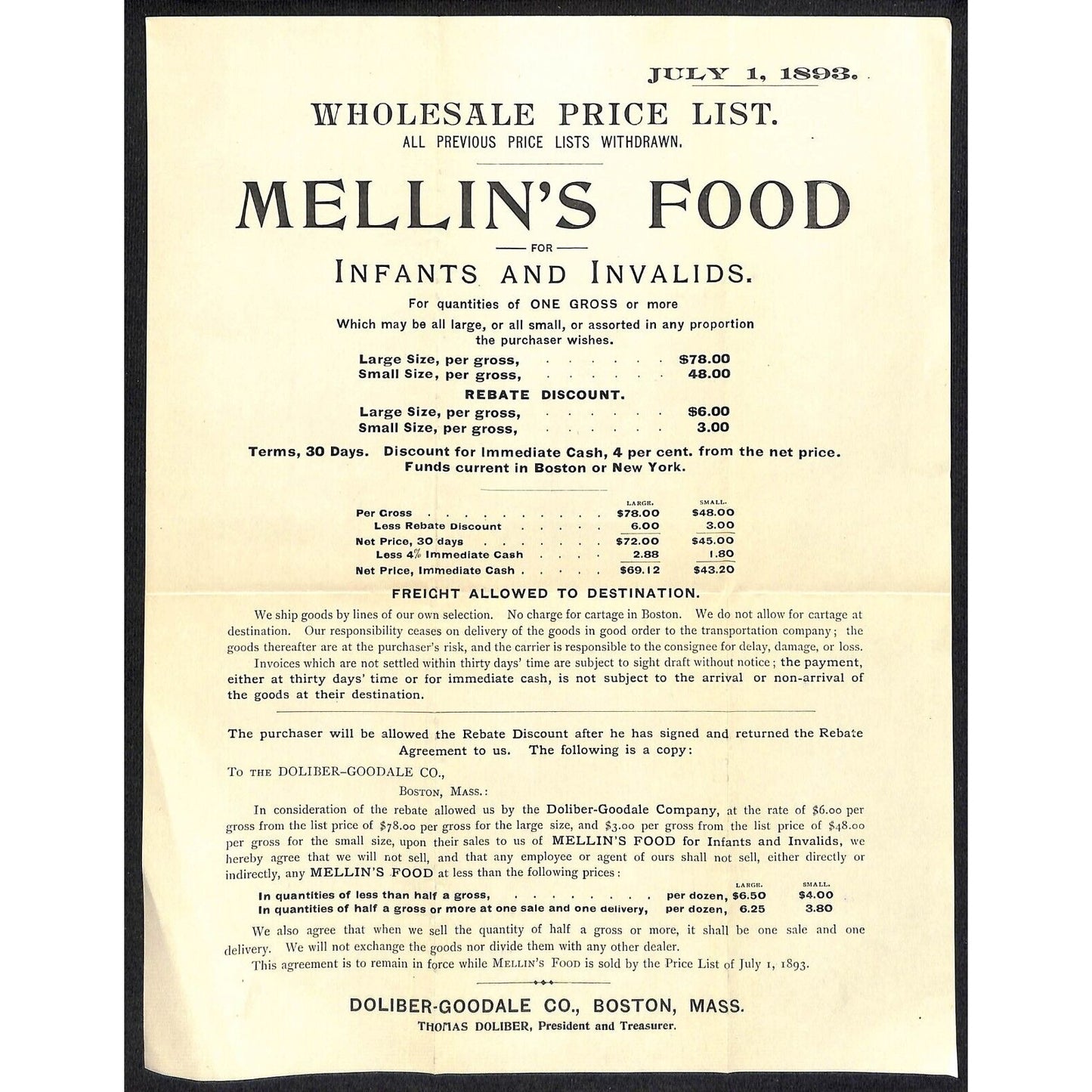 Doliber-Goodale Mellin's Food for Infants and Invalids 1893 Whsle. Price Sheet