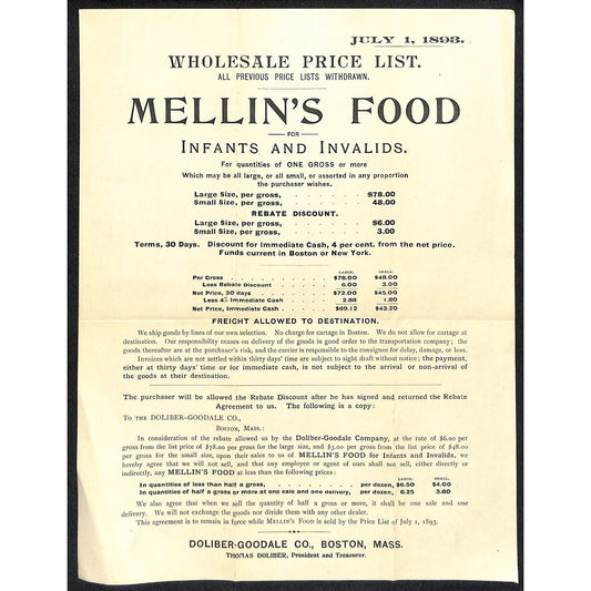 Doliber-Goodale Mellin's Food for Infants and Invalids 1893 Whsle. Price Sheet