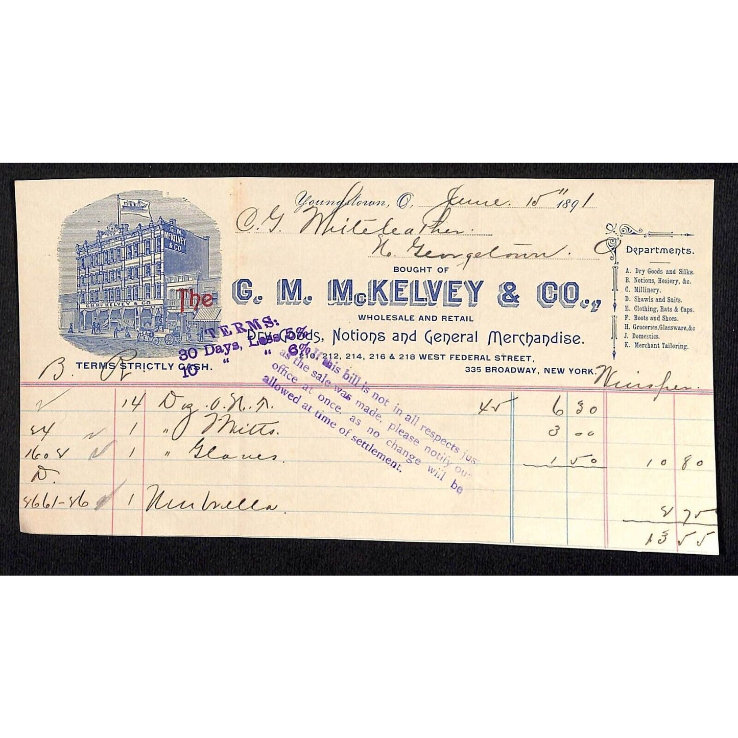 G.M. McKelvey & Co. Broadway NY 1891 Billhead Whiteleather* N. Georgetown Ohio