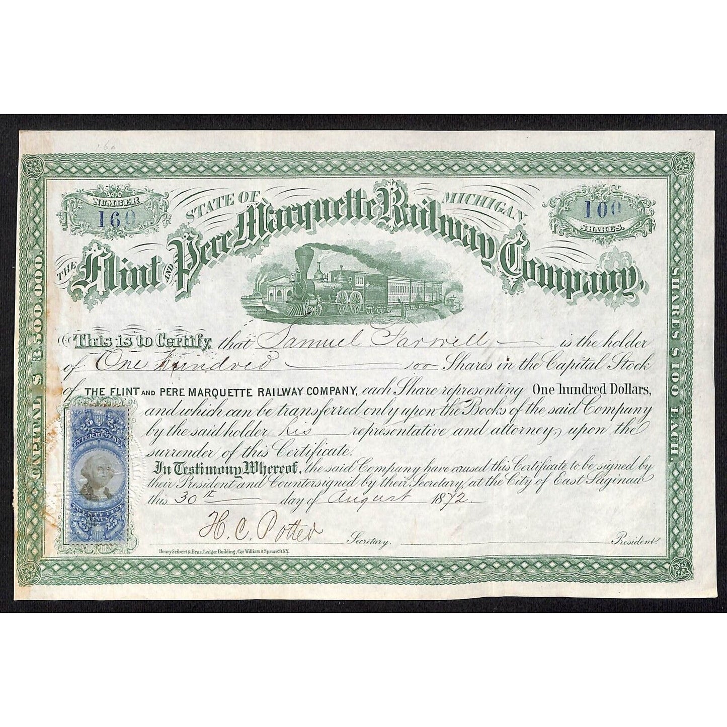 Flint & Pere Marquette Railway 1872 Stock Certificate #160 w/ R112 Tax Stamp