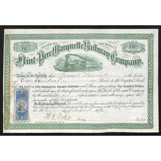 Flint & Pere Marquette Railway 1872 Stock Certificate #160 w/ R112 Tax Stamp