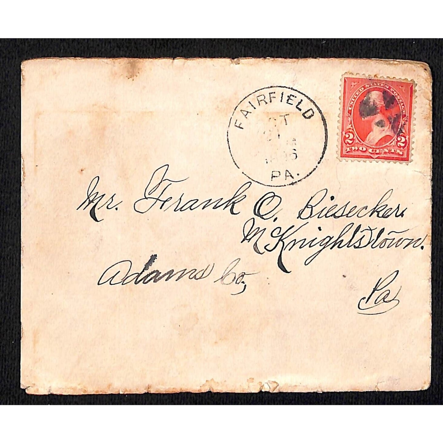 1896 Fairfield, PA Postmark Cover Frank O. Bisecker Adams County