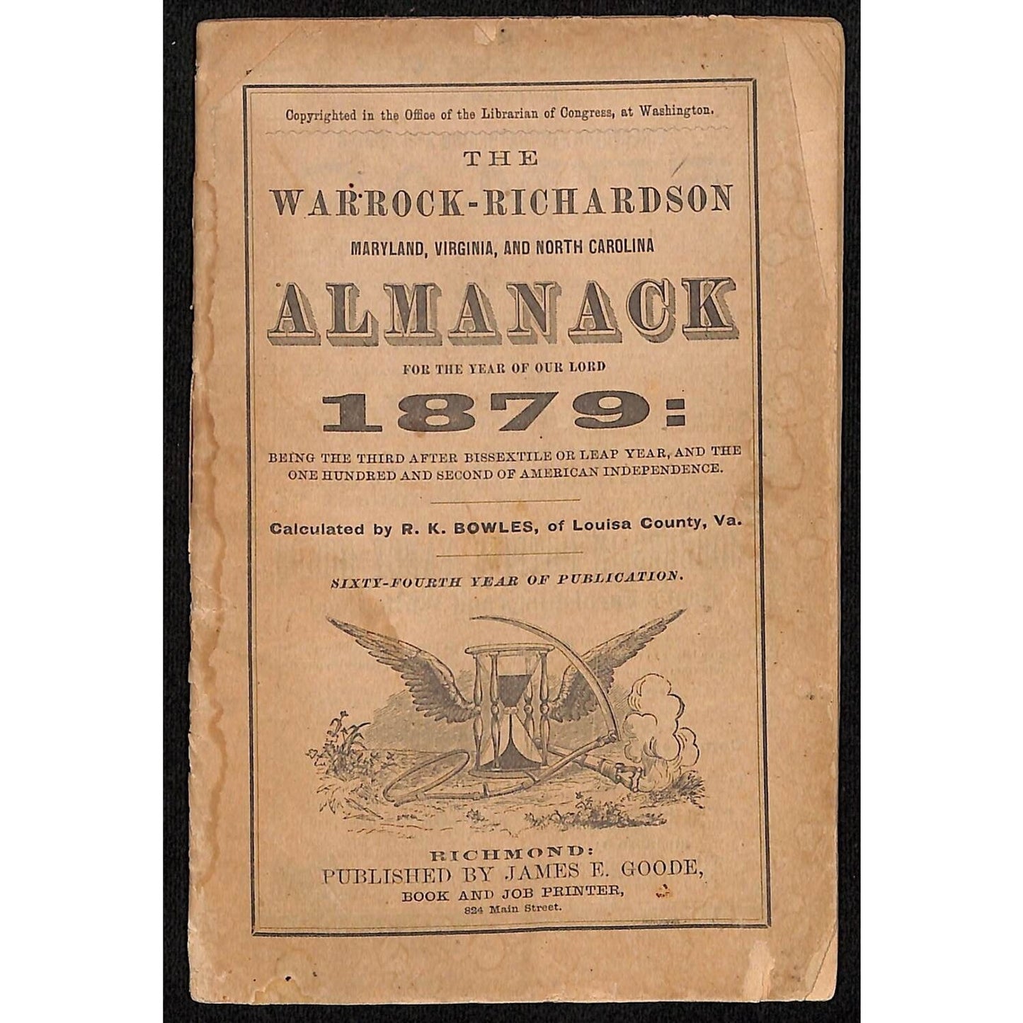 1879 Goode / Warrock-Richardson MD, VA & NC Almanack / Almanac 63pp* Scarce