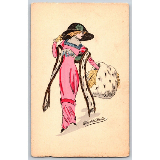 Des Arts Studios Art Nouveau Postcard Fancy Woman Fashion Fur Hat (#4)
