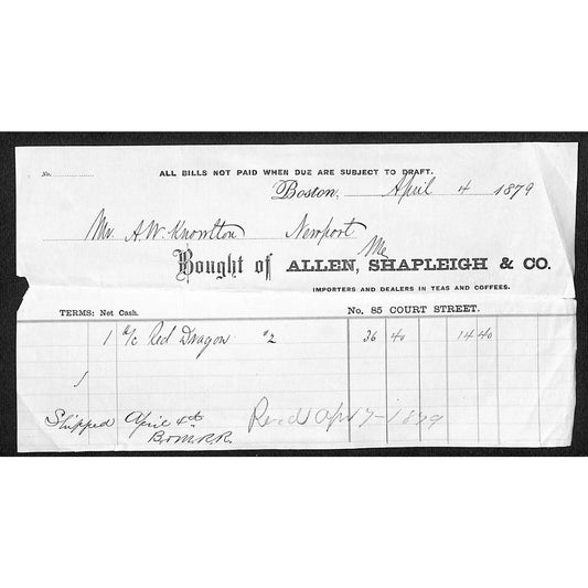 1879 A.W. Knowlton* Newburgh, ME Allen, Shapleigh & Co. Boston Coffees Billhead