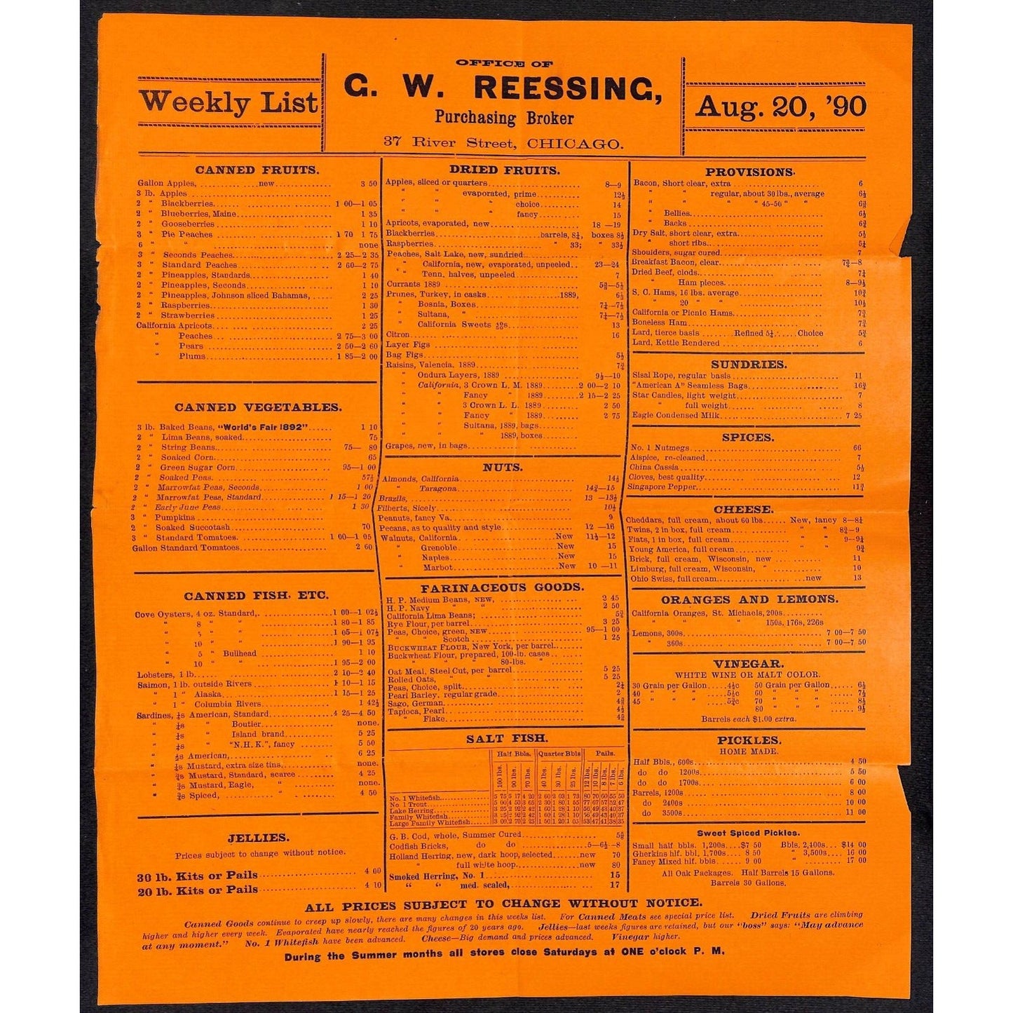 G.W. Reessing Chicago (Food) 1890 Price List Broadside 11" x 13" Scarce VGC
