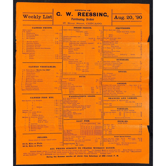 G.W. Reessing Chicago (Food) 1890 Price List Broadside 11" x 13" Scarce VGC