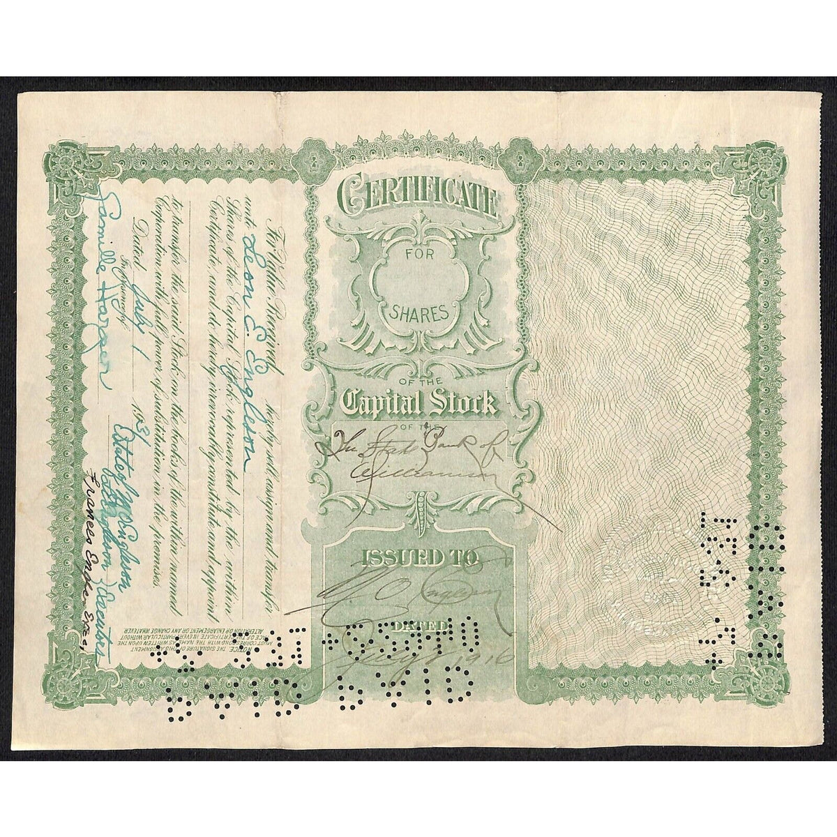 State Bank of Williamson NY 1916 Stock Certificate M.O. Engleson ? Scarce
