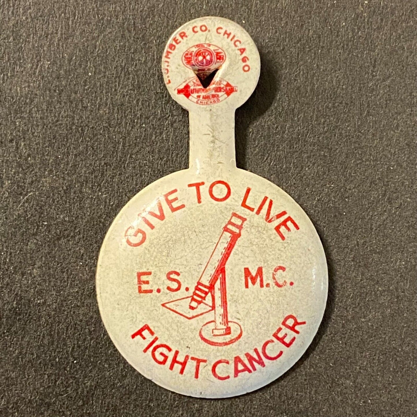 "Give to Live" E.S. M.C. Fight Cancer Steel Fold Over Lapel Pin 3/4" Vintage